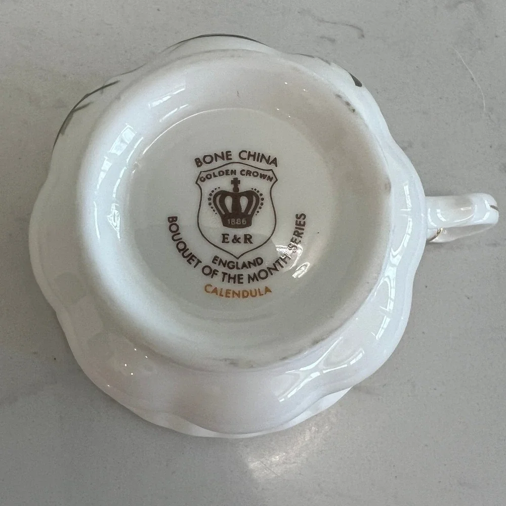 E&R Golden Crown Bone China October Bouquet of the Month Series Cup & Saucer Vtg